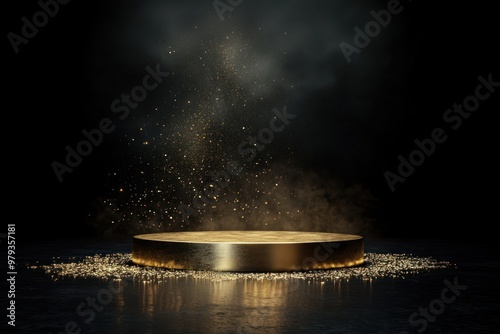 3d render of Gold podium on black background lighting platform golden.