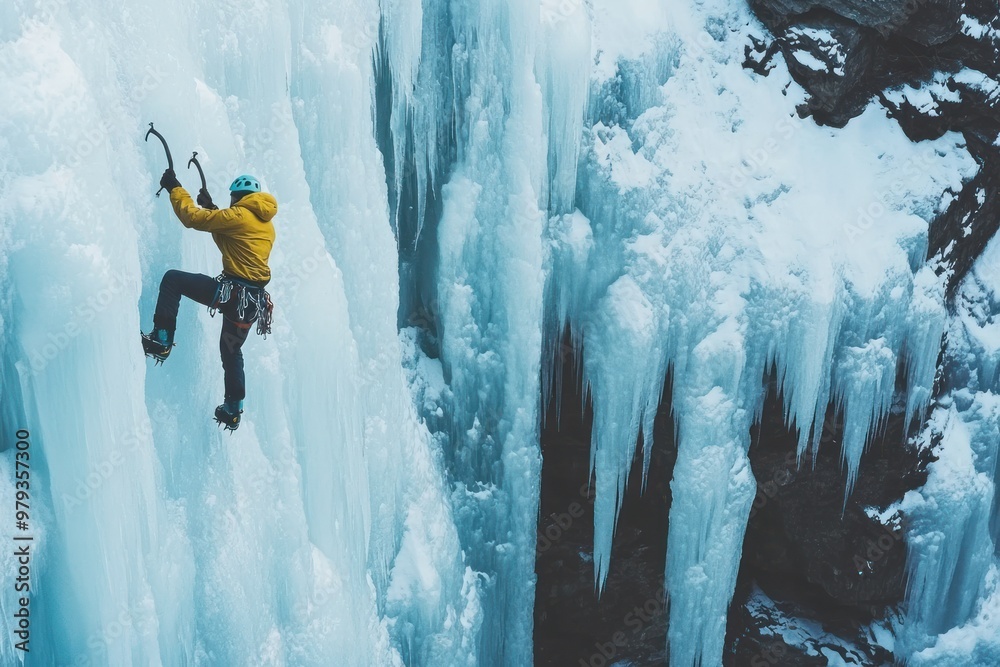 Fototapeta premium Ice Climber Ascending a Frozen Waterfall