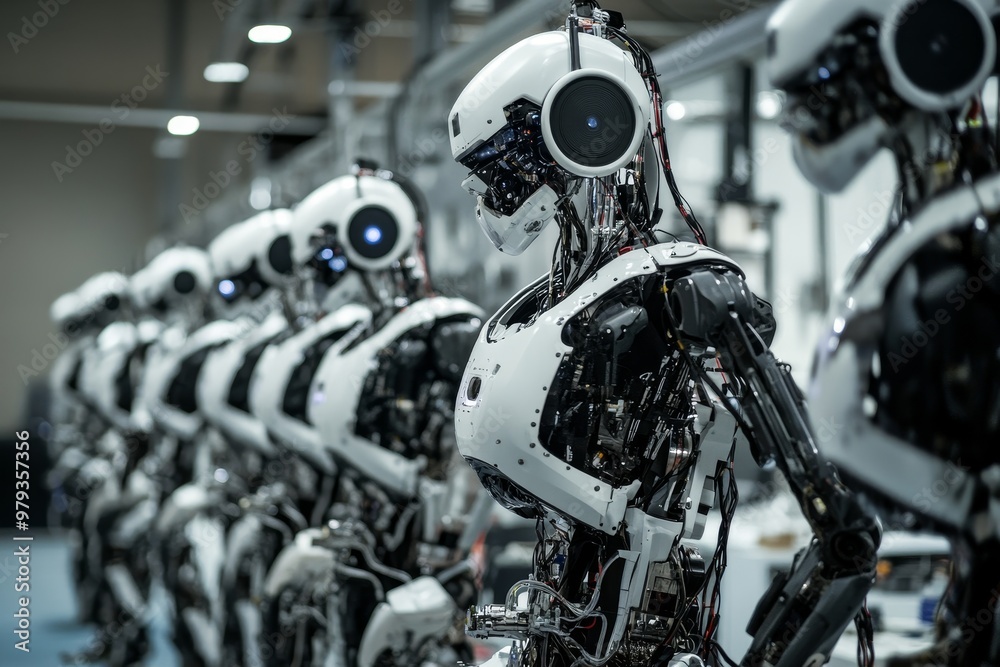 Fototapeta premium Advanced humanoid robots in a modern manufacturing facility showcasing robotics innovation and technology advancements