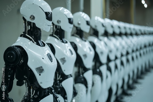 Wallpaper Mural A lineup of humanoid robots stands ready in a modern robotics facility, showcasing the future of technology and automation Torontodigital.ca