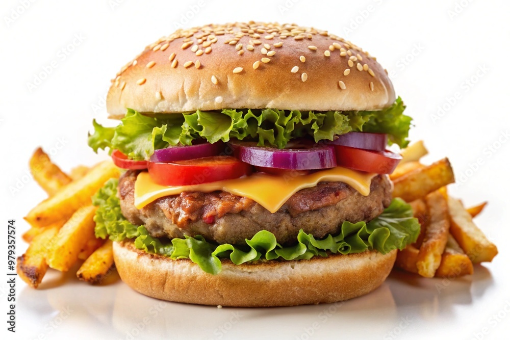 Close up of tasty burger isolated on white background. french fries and the burger with meat, cooking a burger at home. junk fast food. Close up of tasty burger isolated on white background. french fries and the burger with meat, cooking a burger at home. junk fast food.