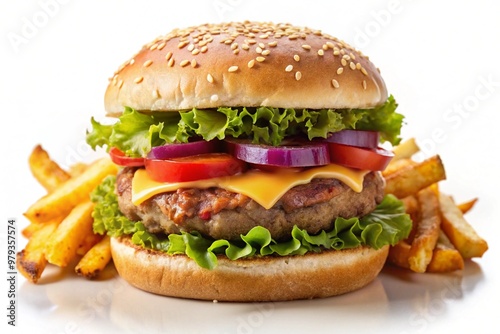 Close up of tasty burger isolated on white background. french fries and the burger with meat, cooking a burger at home. junk fast food.