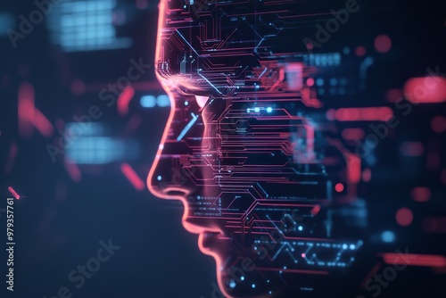 Futuristic digital profile showcasing neural network patterns and glowing circuitry in a dark background