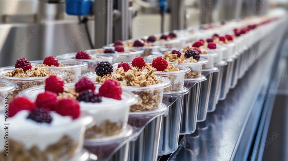The ready-to-eat breakfast production line showcases automated machines portioning out oatmeal, yogurt, and fruit parfaits into individual cups The ready-to-eat breakfast production line showcases automated machines portioning out oatmeal, yogurt, and fruit parfaits into individual cups