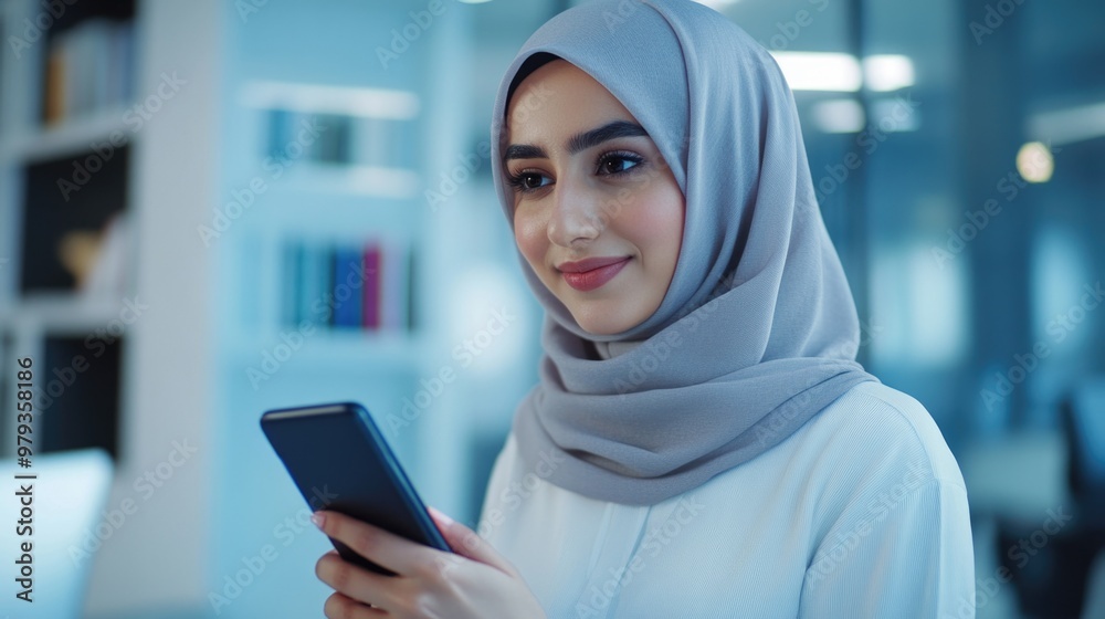 Professional Young Muslim Woman in Business Casual, Focused on Smartphone Professional Young Muslim Woman in Business Casual, Focused on Smartphone