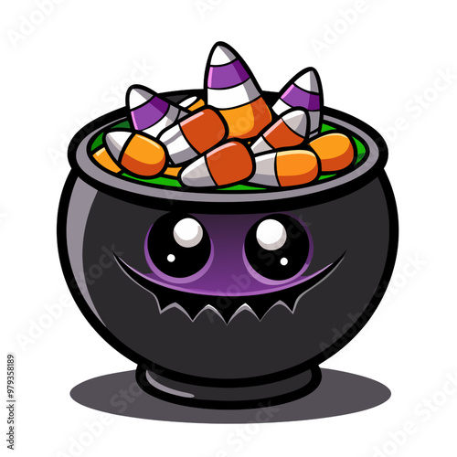 Happy Halloween Cauldron: A charming and whimsical illustration of a cauldron overflowing with candy corn, sporting a playful grin and big, expressive eyes. Perfect for Halloween decorations, greeting