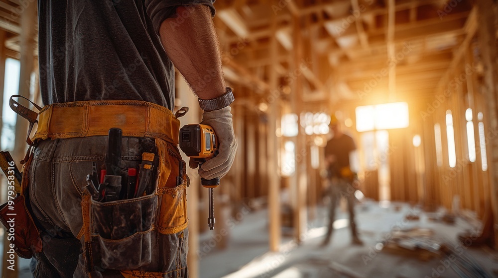 Close up of construction worker holding drill at construction site Close up of construction worker holding drill at construction site