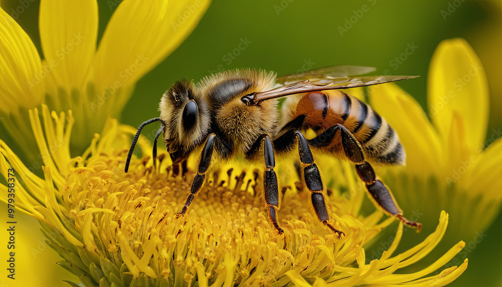 A honeybee is busy gathering nectar from a vibrant yellow flower, showcasing the beauty of nature as it flits around in a lush garden setting on a sunny day A honeybee is busy gathering nectar from a vibrant yellow flower, showcasing the beauty of nature as it flits around in a lush garden setting on a sunny day