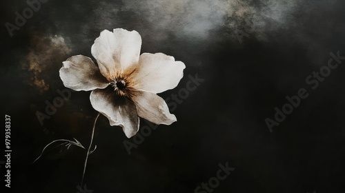 A delicate flower blooms gracefully against a dark, moody background, showcasing nature's beauty and elegance. photo