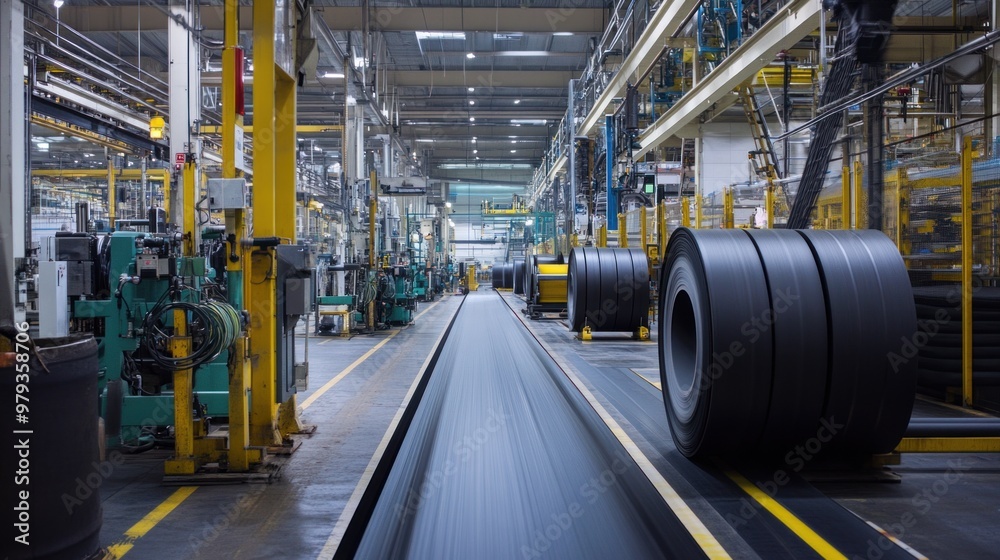 The rubber compounding area shows large rolls of rubber being processed and cut into precise sizes The rubber compounding area shows large rolls of rubber being processed and cut into precise sizes