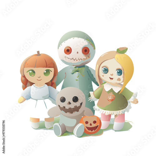 Spooky Doll Friends: A whimsical illustration of four charming Halloween dolls, each with a distinct personality, creating a delightful and slightly eerie scene.  They stand together, ready for a spoo