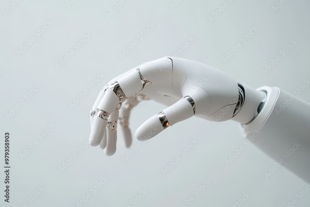 A detailed view of a robotic hand showcasing advanced design elements and joint articulation in a minimalist studio context A detailed view of a robotic hand showcasing advanced design elements and joint articulation in a minimalist studio context