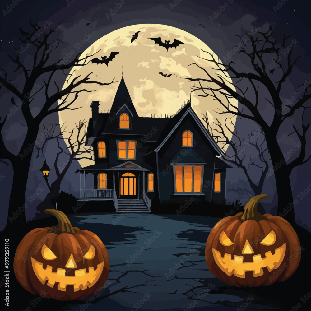 Halloween best hunted house graphic with mid night forest horror illustration Halloween best hunted house graphic with mid night forest horror illustration