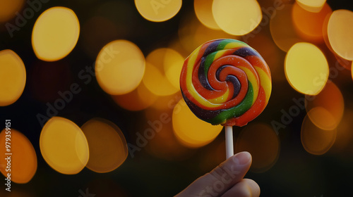 Halloween Candy: Spiralförmiger Lolli vor leerem Hintergrund. Schwarz-orange Süßigkeit, Kürbis-Design. Perfekt für Trick-or-Treat, Partydekor & Herbstmarketing photo