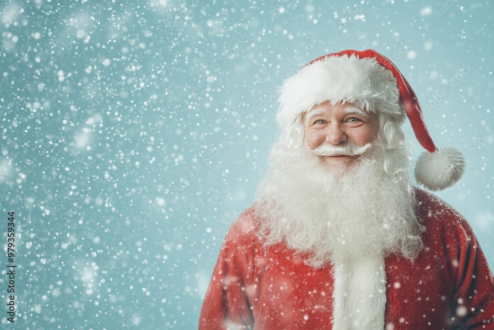 Santa Claus Portrait with Snow Falling Against a Blue Background Santa Claus Portrait with Snow Falling Against a Blue Background