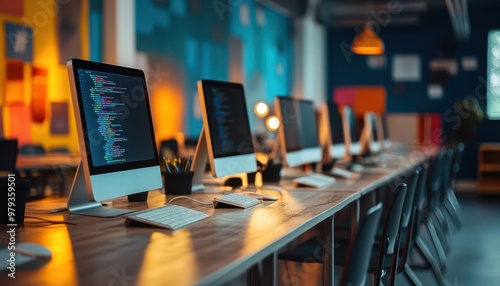 Education technology tools being used in a classroom, modern style, sharp focus, bright lighting, high detail