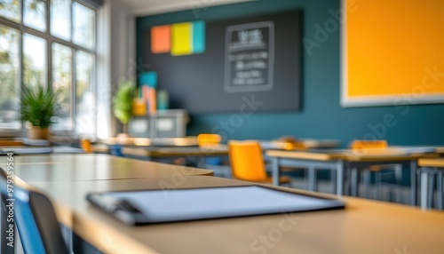 Education technology tools being used in a classroom, modern style, sharp focus, bright lighting, high detail