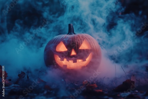 Big smiling spooky Jack-o-lantern Halloween pumpkin surrounded by blue smoke in the forest