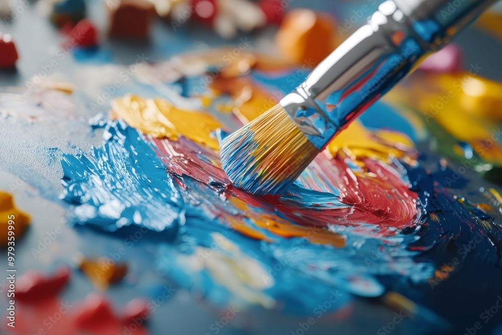 Artistic brush creating vibrant swirls of paint on canvas in a colorful studio setting during daylight hours Artistic brush creating vibrant swirls of paint on canvas in a colorful studio setting during daylight hours