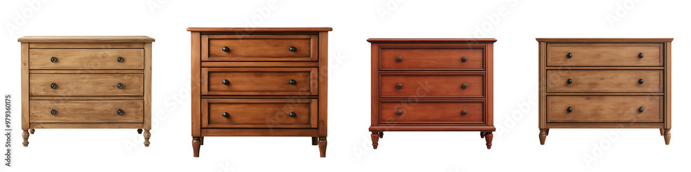 Collection of elegant wooden dressers in various finishes showcasing timeless design and functional storage solutions. isolated on a transparent background Collection of elegant wooden dressers in various finishes showcasing timeless design and functional storage solutions. isolated on a transparent background