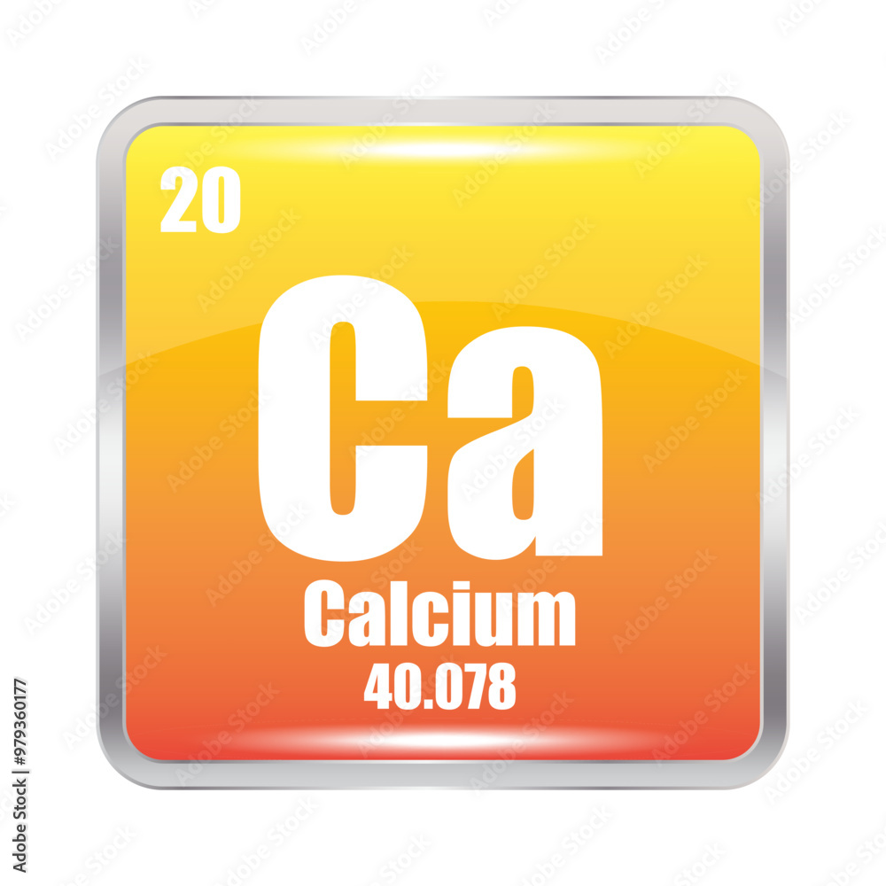 Calcium element icon. Ca symbol focus. Atomic number 20. Mass 40.078.
