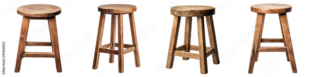 Set of wooden stools showcasing different angles. Ideal for home decor, restaurant interiors, or rustic furniture design. isolated on a transparent background