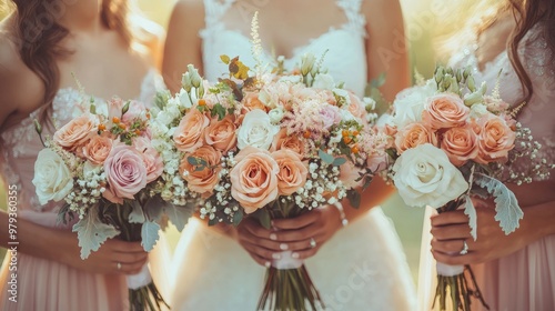 Bride and bridesmaids holding beautiful bouquets of roses during wedding photo