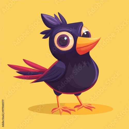 Cute cartoon black bird with big eyes and an orange beak standing on a yellow background.