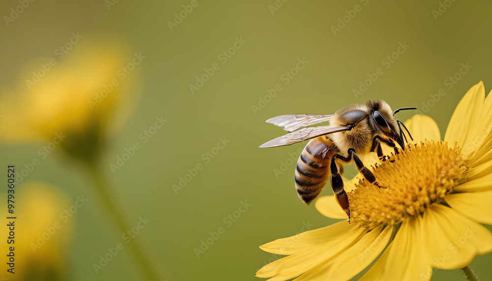 A honeybee delicately collects nectar from a vibrant yellow flower in a lush garden, showcasing the beauty and importance of pollination in nature A honeybee delicately collects nectar from a vibrant yellow flower in a lush garden, showcasing the beauty and importance of pollination in nature