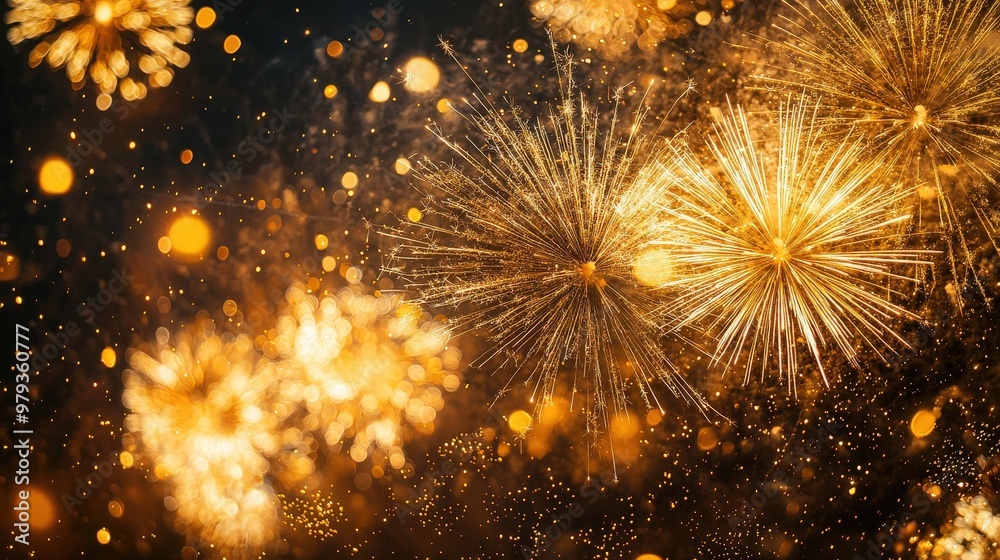 The night sky bursts with radiant golden fireworks, lighting up the darkness in a spectacular celebration. A crowd gathers, enjoying the moment of joy The night sky bursts with radiant golden fireworks, lighting up the darkness in a spectacular celebration. A crowd gathers, enjoying the moment of joy