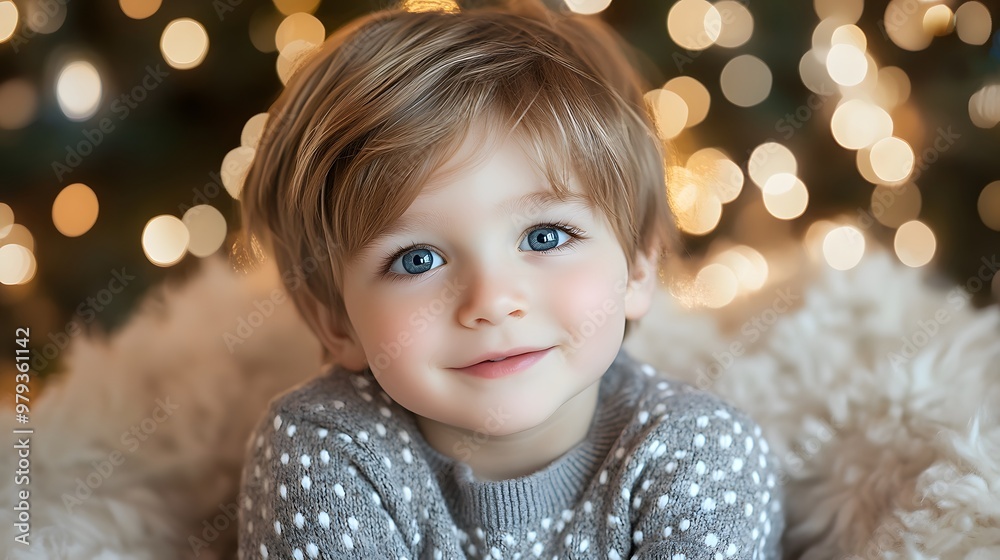 Photo of an adorable little boy with light brown hair with highlights, blue eyes