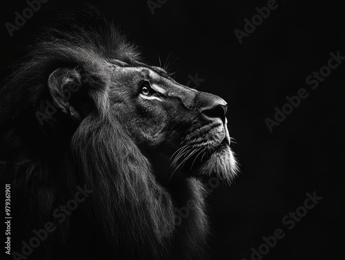 A powerful black and white portrait of a lion in profile, capturing its majestic expression and intricate details of its mane. 