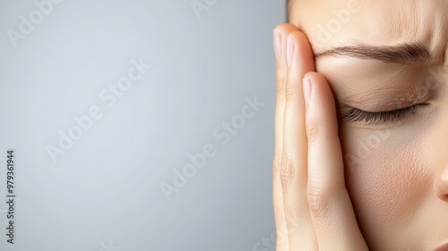 A close-up of a woman experiencing pain or discomfort, emphasizing her facial expression and hand on her forehead. photo