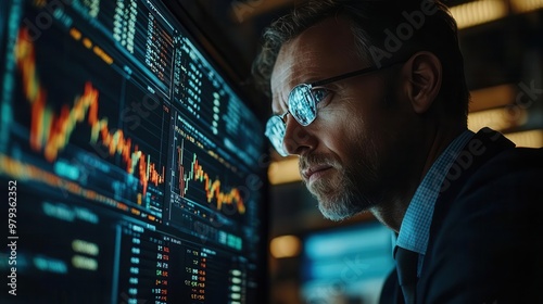 Financial markets being monitored by traders and analysts, professional environment, sharp focus, bright lighting, high detail