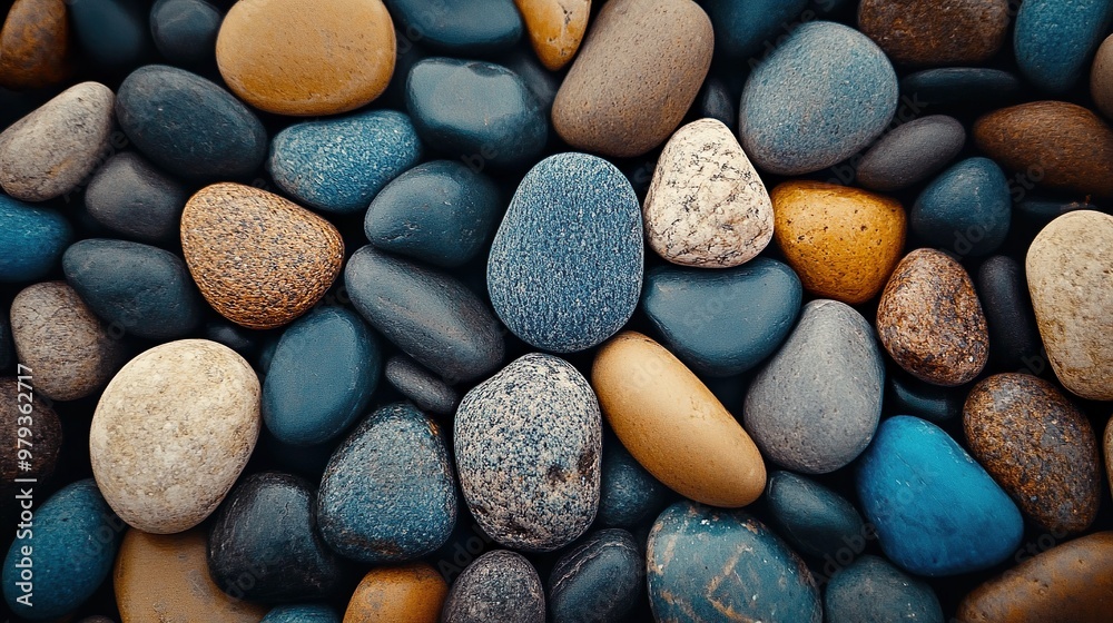 Smooth coastal pebble stones forming a textured wall with cool hues background Smooth coastal pebble stones forming a textured wall with cool hues background