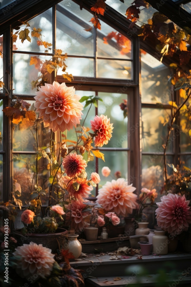 Inside a tranquil greenhouse, large pink dahlia flowers bloom under soft, warm light. Sunlight filters through glass panes, illuminating the foliage and creating a peaceful atmosphere Inside a tranquil greenhouse, large pink dahlia flowers bloom under soft, warm light. Sunlight filters through glass panes, illuminating the foliage and creating a peaceful atmosphere