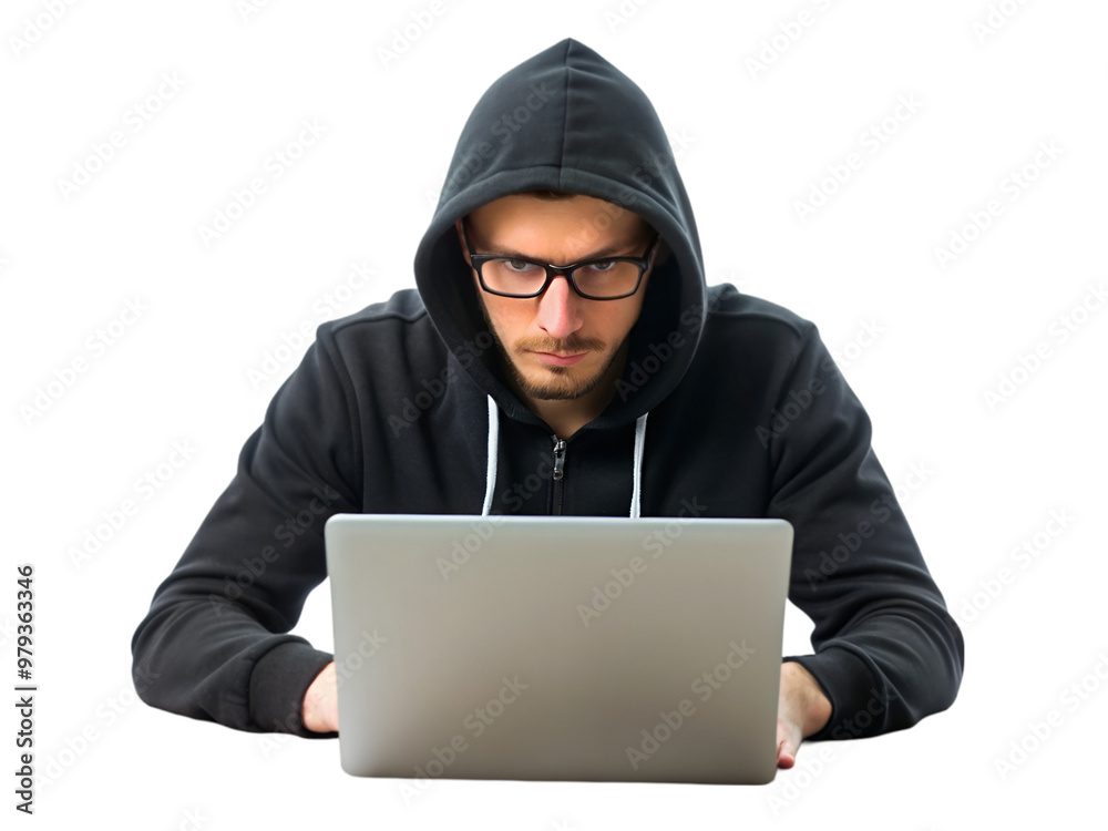 Hacker wearing a black hoodie and glasses coding isolated on transparent background Hacker wearing a black hoodie and glasses coding isolated on transparent background