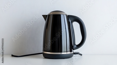 A stainless steel and electric kettle isolated on a white background, ideal for brewing tea or coffee photo