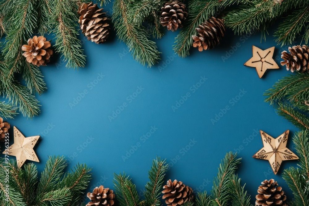 Festive Christmas Frame with Pine Branches, Cones, and Wooden Stars Festive Christmas Frame with Pine Branches, Cones, and Wooden Stars