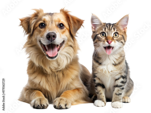 Happy cat and dog isolated on transparent background