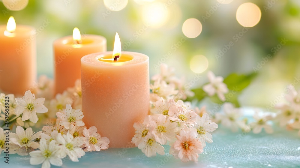 Scented Candles with Delicate Flowers in Soft Peach and Cream Tones - AI generated illustration Scented Candles with Delicate Flowers in Soft Peach and Cream Tones - AI generated illustration