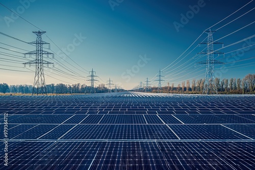 A sprawling field of solar panels collects sunlight as power lines stand tall in the background, emphasizing the transition to renewable energy sources during the afternoon