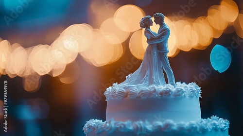 Wedding cake topper with bride and groom figurine in romantic lighting photo