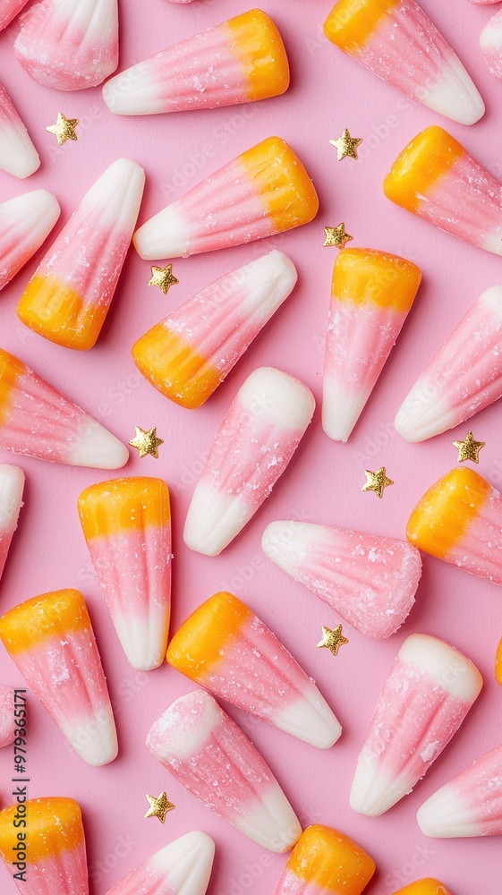 Obraz premium Colorful candy in playful shapes on a pink background, perfect for sweet celebrations and festive treats.