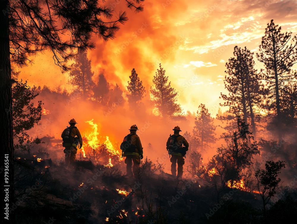 Three firefighters are walking through a forest fire Three firefighters are walking through a forest fire