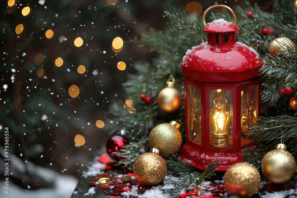 Red Lantern with Snow and Golden Ornaments on a Christmas Tree Branch Red Lantern with Snow and Golden Ornaments on a Christmas Tree Branch