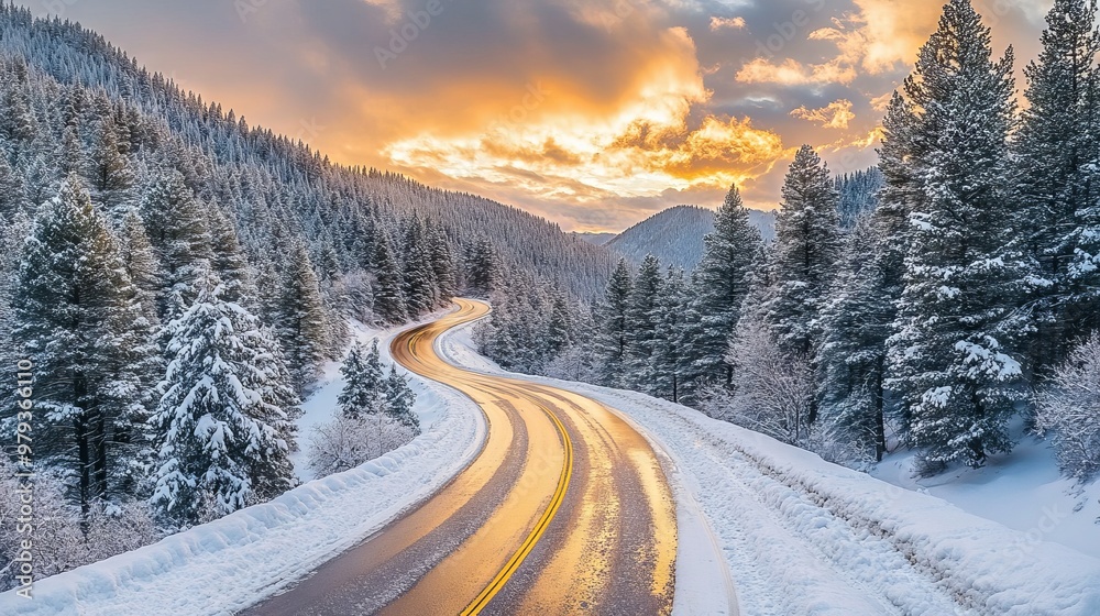 Winding Snowy Mountain Road with Pine Trees and Sunset - AI generated illustration Winding Snowy Mountain Road with Pine Trees and Sunset - AI generated illustration