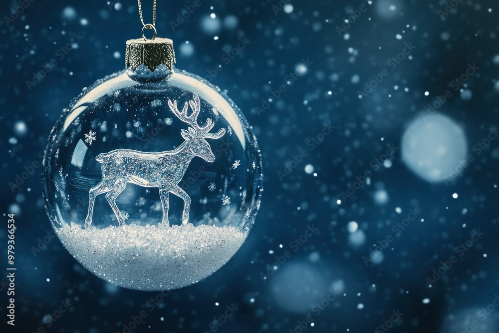 A Reindeer Ornament with Snowflakes Inside and a Snowy Blue Background A Reindeer Ornament with Snowflakes Inside and a Snowy Blue Background