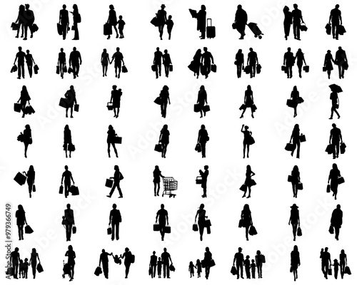 Black silhouettes of shoppers on a white background	