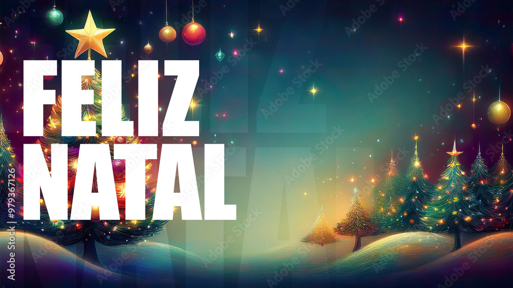 Cartão de natal estrelas coloridas e enfeites uma arvore natalina. Escrita de Feliz Natal. Cartão de natal estrelas coloridas e enfeites uma arvore natalina. Escrita de Feliz Natal.